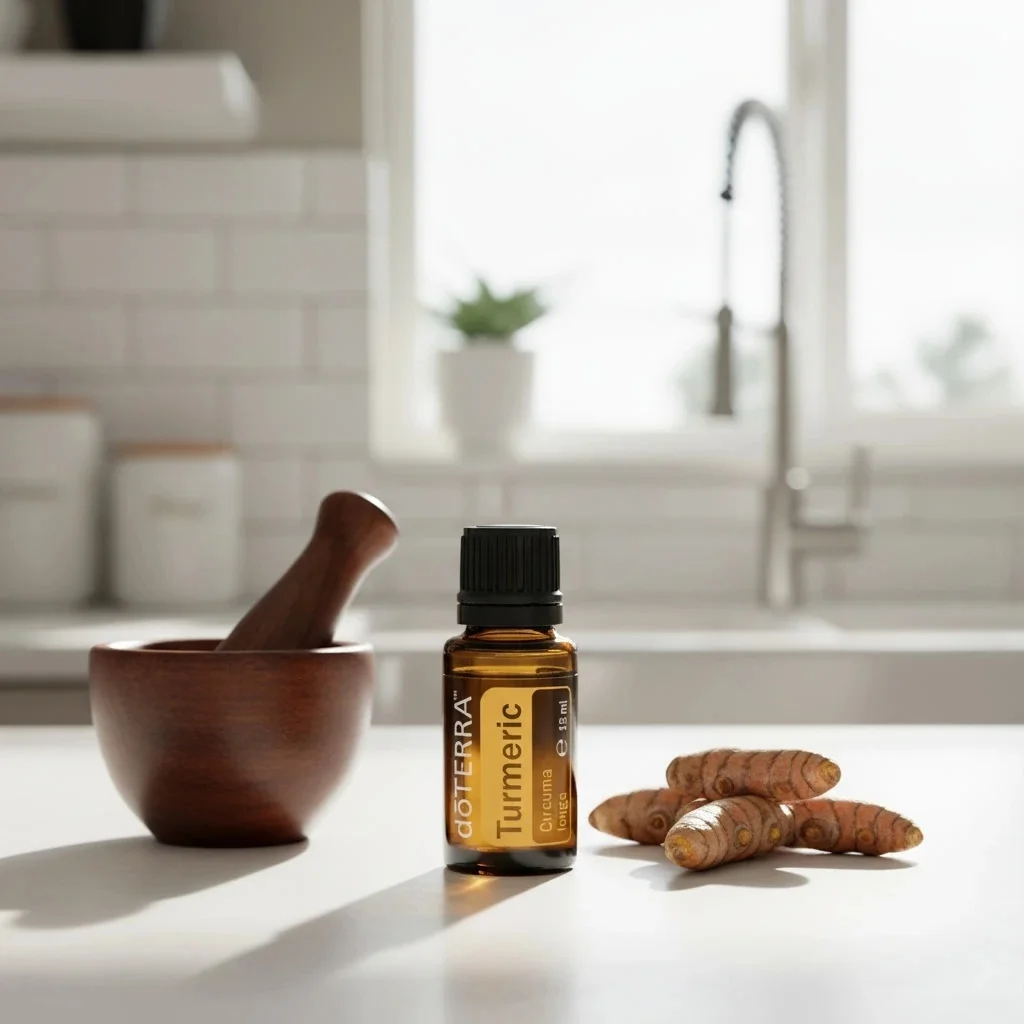 Kurkuma doTERRA obok dyfuzora aromaterapeutycznego doTERRA