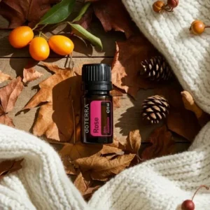 Róża doTERRA na jesiennej dekoracji z liśćmi i szyszkami