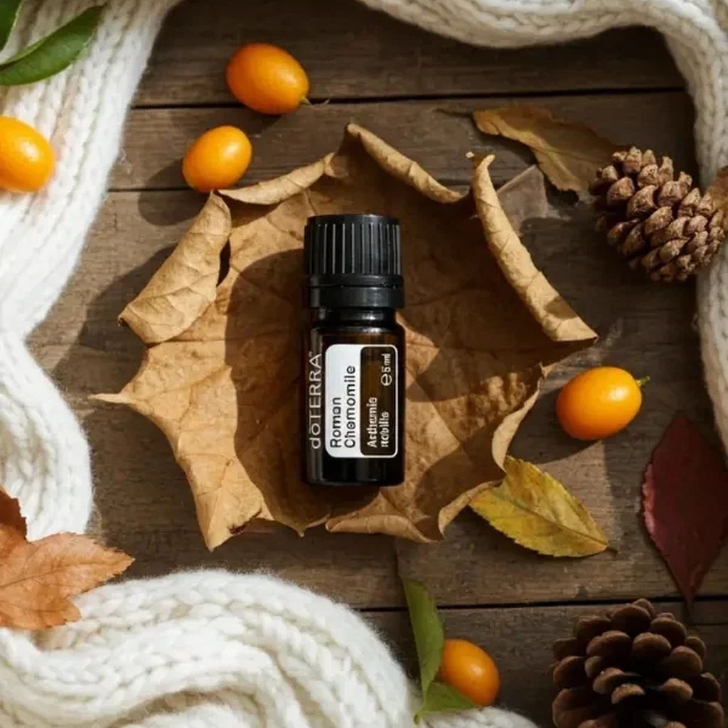 Rumianek Rzymski doTERRA na jesiennej dekoracji z liśćmi i szyszkami