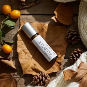 Salubelle doTERRA na jesiennej dekoracji z liśćmi i szyszkami