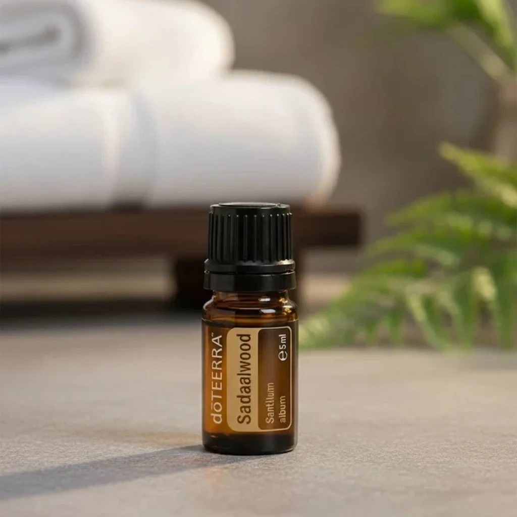 Sandałowiec doTERRA na kamiennej podstawce obok złożonych ręczników spa