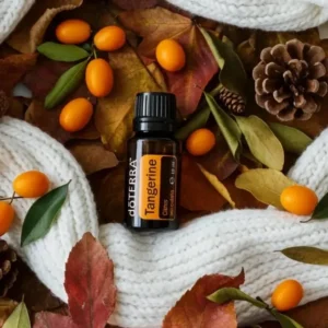 Tangerynka doTERRA na jesiennej dekoracji z liśćmi i szyszkami