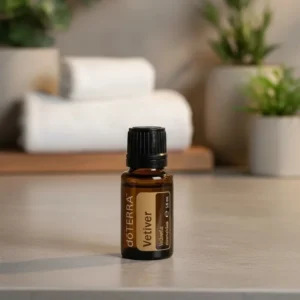Wetiweria doTERRA na kamiennej podstawce obok złożonych ręczników spa
