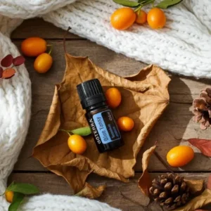 Wrotycz Marokański doTERRA na jesiennej dekoracji z liśćmi i szyszkami