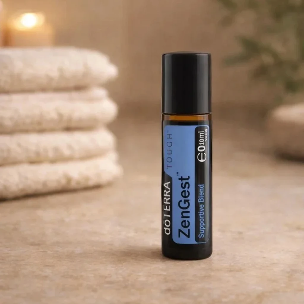 Zengest Touch doTERRA na kamiennej podstawce obok złożonych ręczników spa