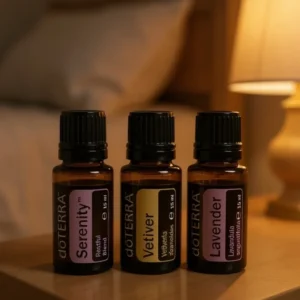 Zestaw Na Sen: Lawenda, Wetiweria, Serenity - Olejki doTERRA na drewnianym stoliku nocnym przy łóżku