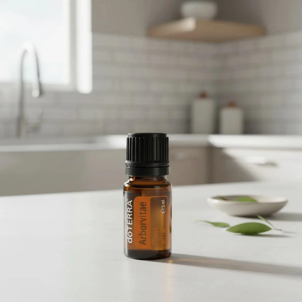 Żywotnik doTERRA na białym blacie kuchennym